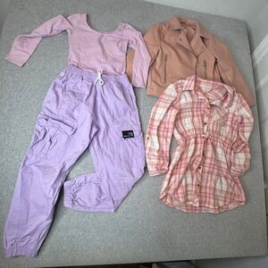 Girls Pink‎ Moto Jacket Plaid Shirt Dress Cargo Pants Outfit Set 7-8